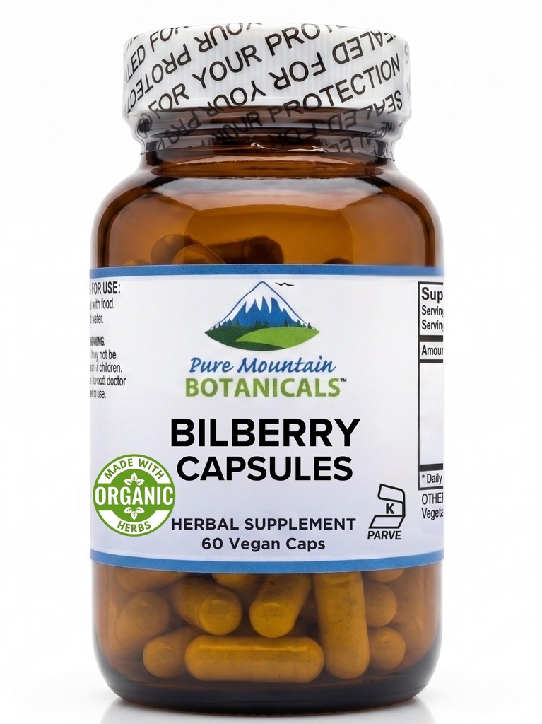 Pure Mountain Botanicals Supplément d'extrait de baies de Bil Capsules de casher végétalien avec 250mg Feuille de baies de Bil et 50mg Extrait de potent de baies de Bill