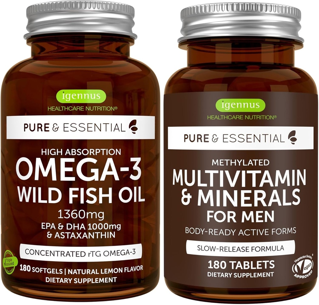 Haute absorption Omega-3 Huile de poisson sauvage + mélange multivitamines masculins méthylés, 1000mg EPA & DHA 180 Softgels + Comprimés multivitamine 180 à libération prolongée, par Igennus
