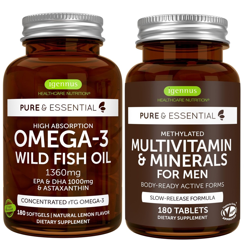 High Absorption Omega-3 Wild Fish Oil + Methylated Men's Multivitamin Bundle, 1000mg EPA & DHA 180 Softgels + Sustained Release Multivitamin 180 Tablets, by Igennus