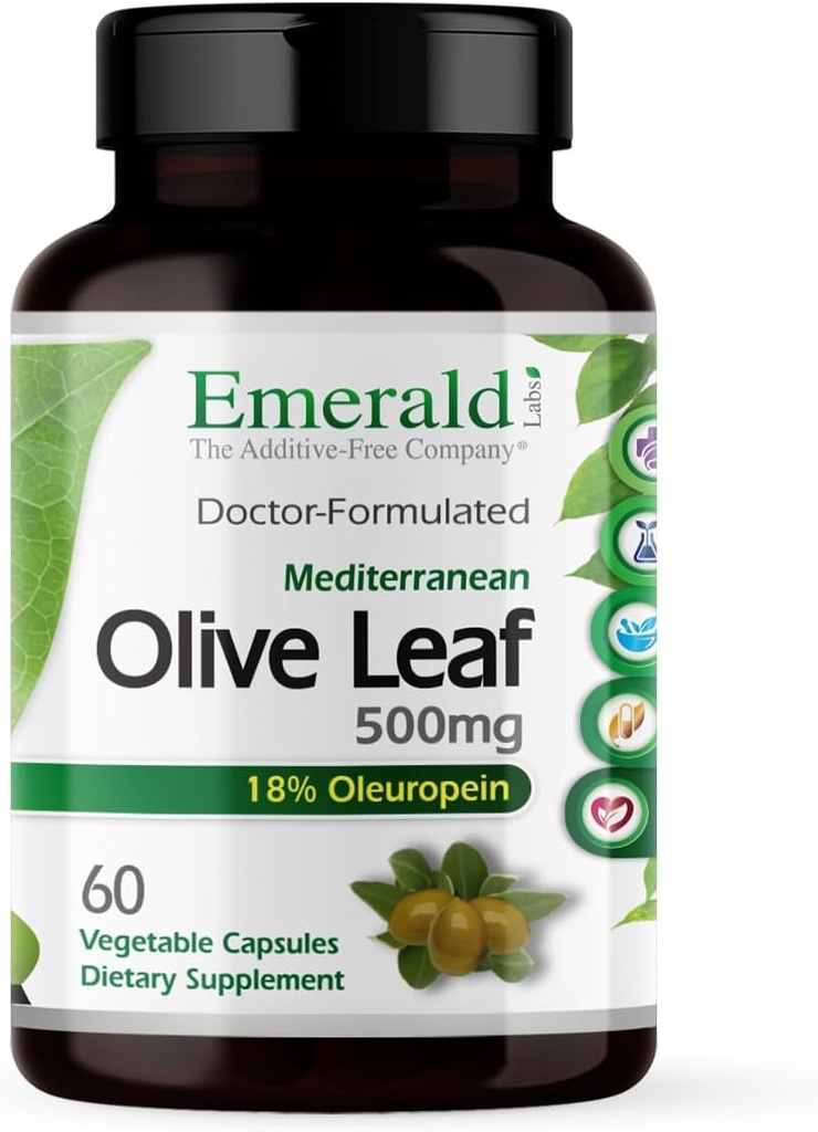 EMERALD LABS Méditerranéen Olive Leaf 500mg - Extrait de feuille d'olive végétalien sans gluten - Soutient la peau, l'immunité et la santé cardiaque - 60 capsules végétales (jusqu'à 60 jours d'approvisionnement)
