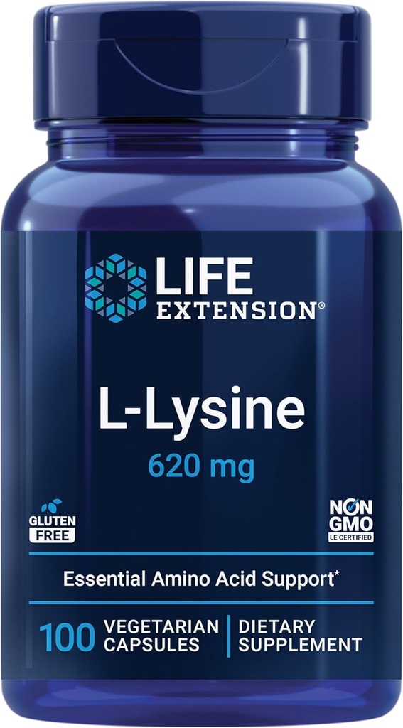 Prolongation de la durée de vie L-Lysine, 620 mg, Acide amino essentiel pour équilibrer l'azote sain, métabolisme du calcium, réponse au stress et plus encore, sans gluten, non-OGM, végétarien, 100 capsules