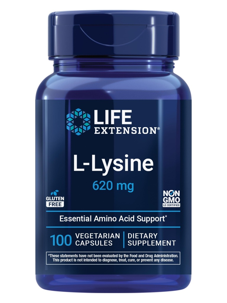 Prolongation de la durée de vie L-Lysine, 620 mg, Acide amino essentiel pour équilibrer l'azote sain, métabolisme du calcium, réponse au stress et plus encore, sans gluten, non-OGM, végétarien, 100 capsules