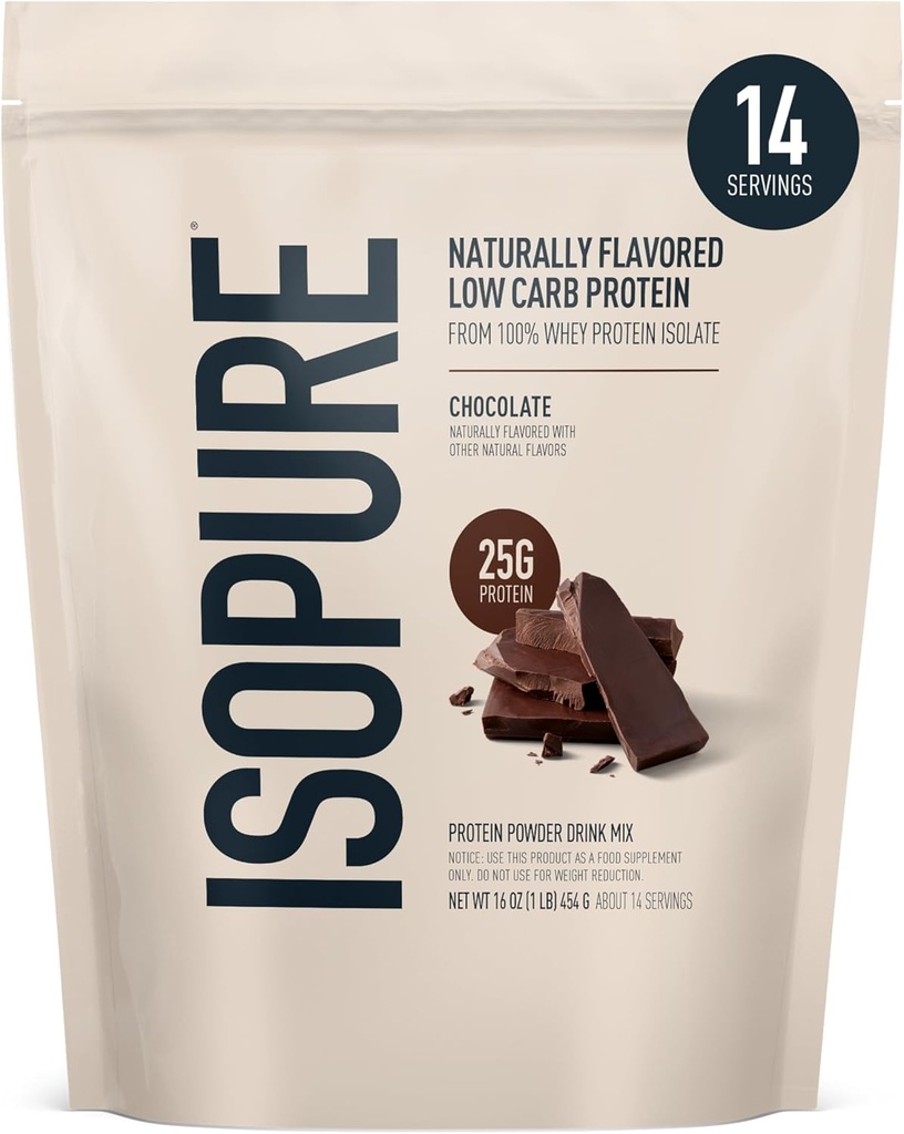 Isopure Low Carb 100% Pure Whey Isolate Protein Powder, Lactose Free, Gluten Free, With Vitamins, Dark Chocolate, 25g Protein Per Serving, 1 Lb, 14 Servings (Packaging May Vary)