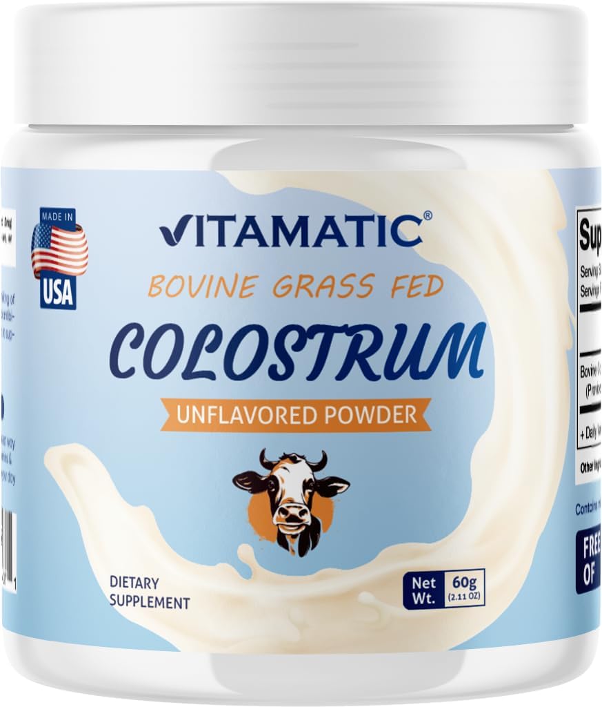 Vitamatic Bovin Colostrum 30% poudre d'IgG - Supplément pour la santé de Gut, la croissance des cheveux, la beauté, la récupération musculaire, et le soutien immunitaire - facile à mélanger - 60 Gram (30 portions, non aromatisé)