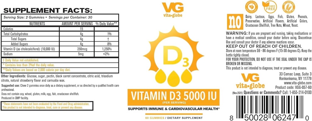 VITA GLOBE Vitamine D3 10 000 UI avec le zinc et l'échinacée Gummy - soutient le système immunitaire sain, les os forts, les dents et les muscles, 120 comte (2-pack)
