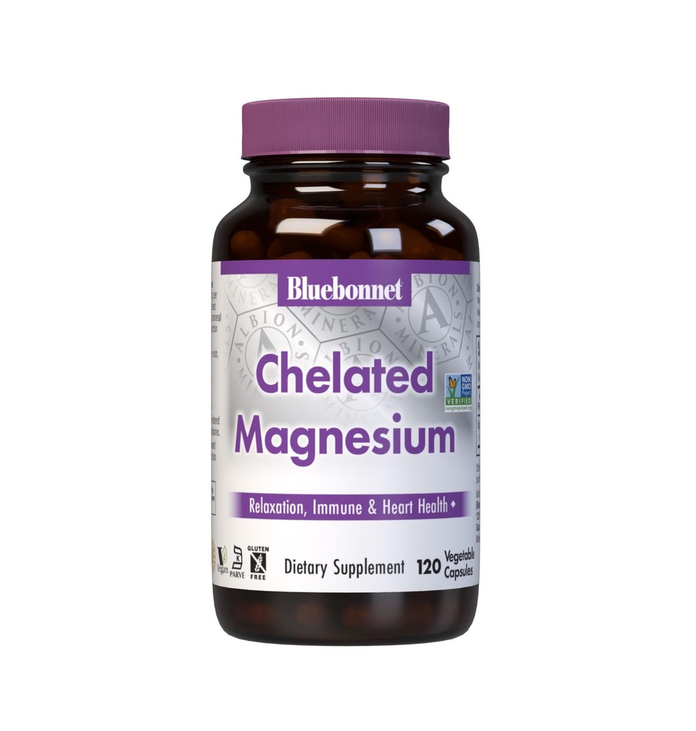 Bluebonnet Nutrition Albion Chelated Magnesium Légume Capsule, 200 mg, Soulagement du stress, Vegan, Non OGM, Sans gluten, Sans soja, Sans lait, Casher, 120 Capsule végétale, 2 mois d'approvisionnement