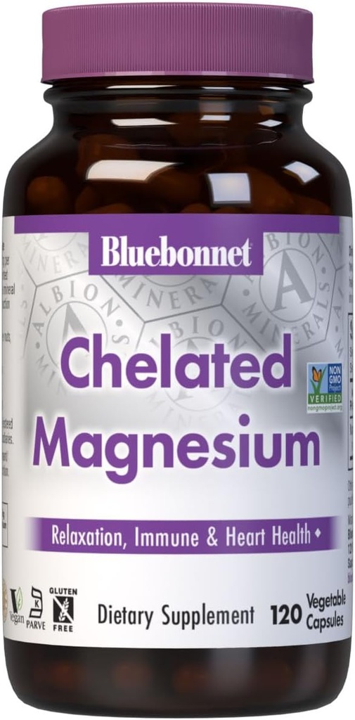 Bluebonnet Nutrition Albion Chelated Magnesium Légume Capsule, 200 mg, Soulagement du stress, Vegan, Non OGM, Sans gluten, Sans soja, Sans lait, Casher, 120 Capsule végétale, 2 mois d'approvisionnement