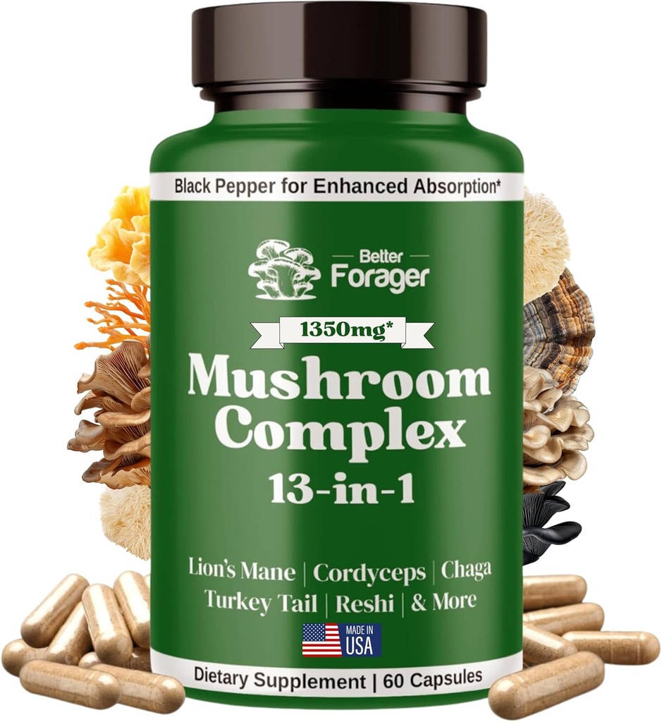 Capsules complexes de champignons, Supplément de champignons 13-en-1, Mane du lion, Reishi, Cordyceps, et plus encore, favorise la focalisation, la clarté, et la mémoire, supplément d'extrait, 1 mois d'approvisionnement, 60 comte