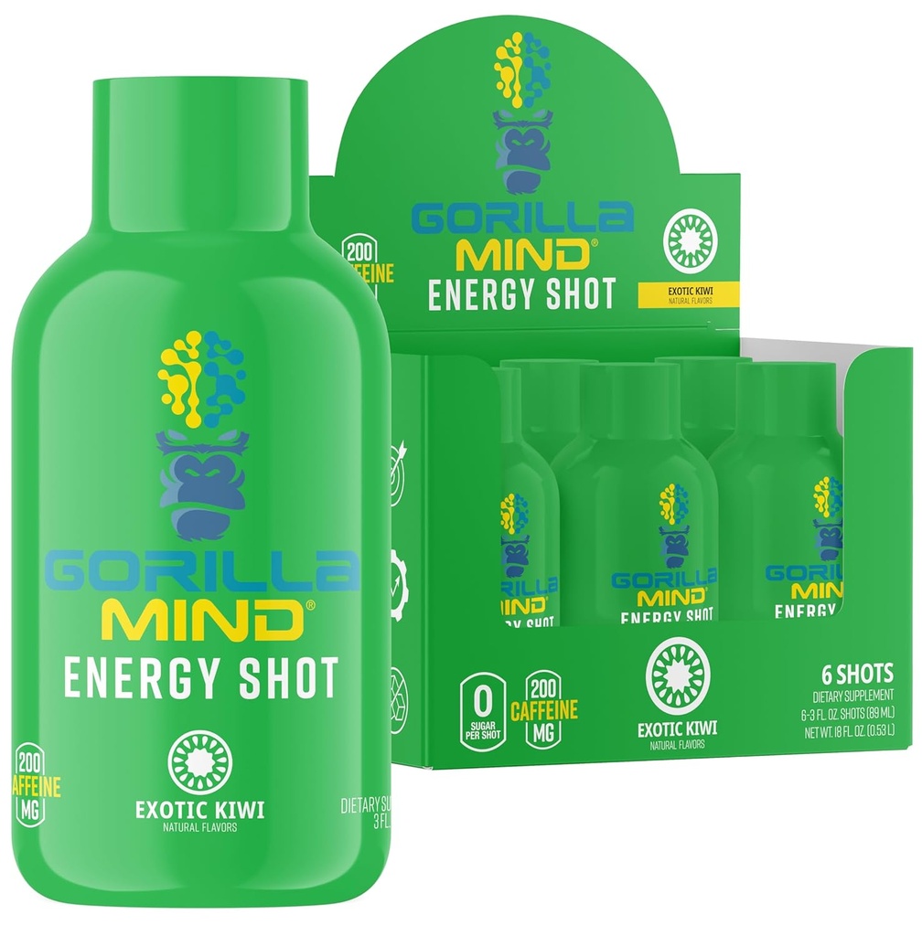 Gorilla Mind Energy Shots (paquet de 6) - Focus et énergie améliorés, sans sucre, à action rapide, formule de Potent avec des vitamines et des extraits naturels ( Kiwi exotique)