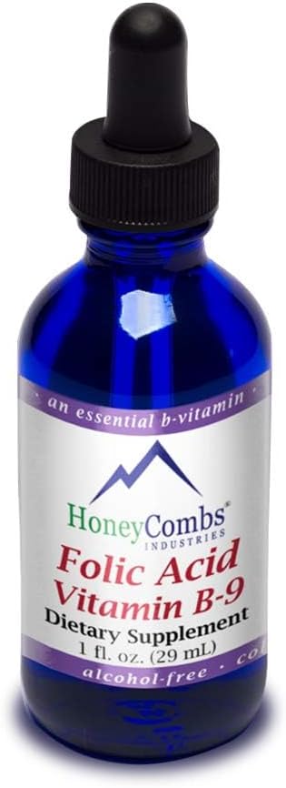 HoneyCombs Vitamine B9 gouttes liquides - supplément d'acide folique pour les femmes à haute puissance Vitamine liquide B9 - maintenir un foie en santé, une grossesse et une santé globale - gouttes de vitamines véganes pressées à froid (1 Fl oz)