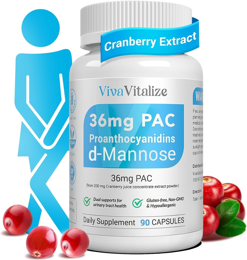 5 en 1 Supplément de canneberge pour les femmes, 36mg PAC 100% Soluble D-mannose Dandélion Herb Mulberry Uva Ursi Leaf Natural Urinary Tract Health Support, Pilules de canneberge UTIs Prévention 90 Caps