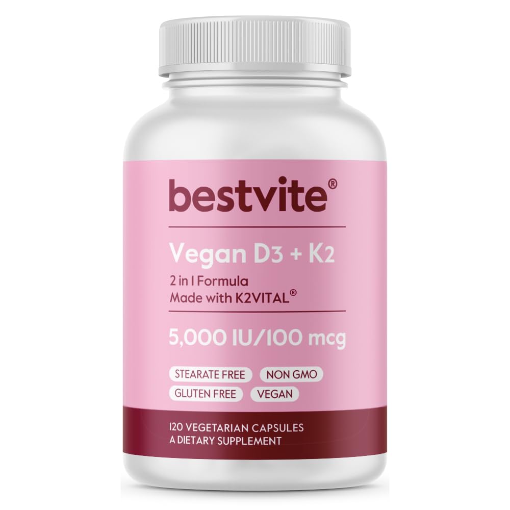 BESTVITE Vitamine végétalienne D3 5000 UI + Vitamine K2 100 mcg en MK-7 (120 capsules végétariennes) - Pas de stéarates - Végétalien - Non OGM - Sans gluten