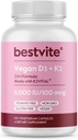 BESTVITE Vitamine végétalienne D3 5000 UI + Vitamine K2 100 mcg en MK-7 (120 capsules végétariennes) - Pas de stéarates - Végétalien - Non OGM - Sans gluten