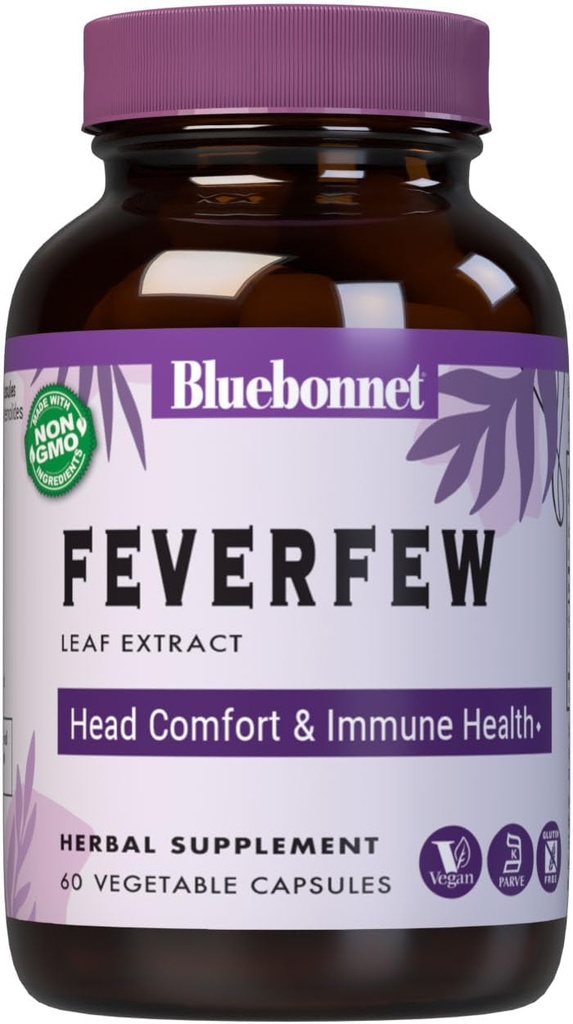 BlueBonnet Nutrition Feverfew Leaf Extract, Imune Health*, Head Comfort*, Non-OGM, Vegan, Casher Certifié, Sans gluten, Sans soja, 60 capsules végétales, 60 portions