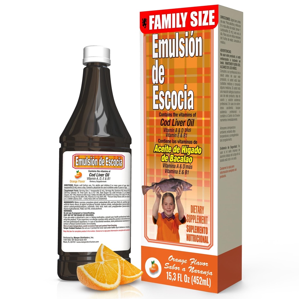 Emulsion de Escocia, Cod Liver Oil, Helps Enhance Your Children Immune System, Vitamins A, and D, Vitamins E and B1, Orange Flavor, 15.3 FL Oz, Bottles