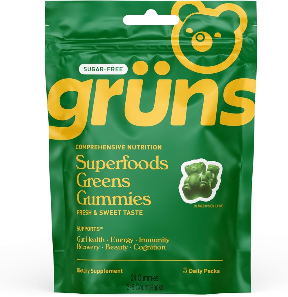 Gruns Sans Sucre Super Verts Ours Gommy - Spiruline et Chlorelle organiques, Prébiotiques pour la santé digestive, 20+ Vitamines et Minéraux, Adaptogènes - 3 sachets - 24 Gummies