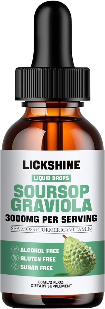 1 Packs 3000MG Soursop Graviola Liquid Drop pour le support et la régénération cellulaire, lmmune, Gut, Antioxydant, Mood, Relax, Foie et Sleep Zzz - Soursop Graviola Leaf Extract, Sea Moss, Turmeric - 2Fl Oz