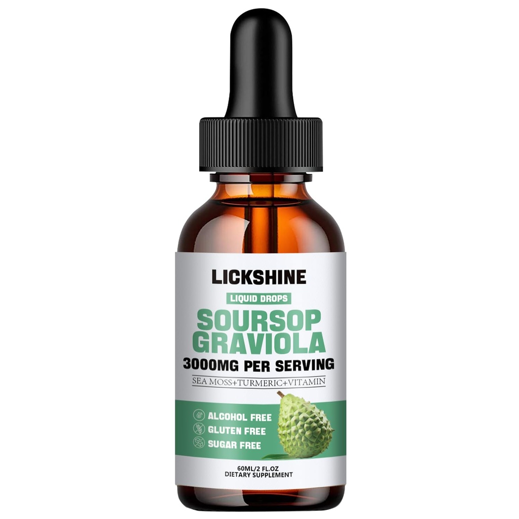 1 Packs 3000MG Soursop Graviola Liquid Drop pour le support et la régénération cellulaire, lmmune, Gut, Antioxydant, Mood, Relax, Foie et Sleep Zzz - Soursop Graviola Leaf Extract, Sea Moss, Turmeric - 2Fl Oz