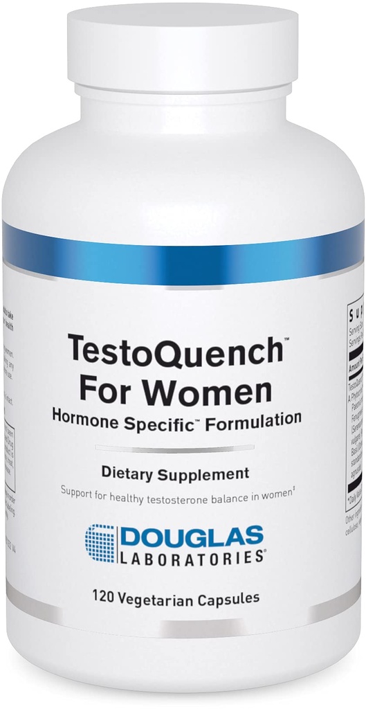 Laboratoires Douglas TestoQuench pour les femmes - Supplément mémoire, peau, cheveux et coeur* - Avec Saw Palmetto, Saint Basilic et Graine de Fenouil - 120 Capsules végétariennes