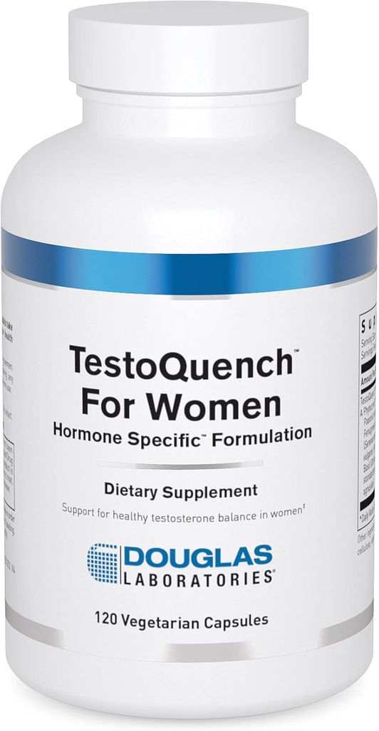 Laboratoires Douglas TestoQuench pour les femmes - Supplément mémoire, peau, cheveux et coeur* - Avec Saw Palmetto, Saint Basilic et Graine de Fenouil - 120 Capsules végétariennes