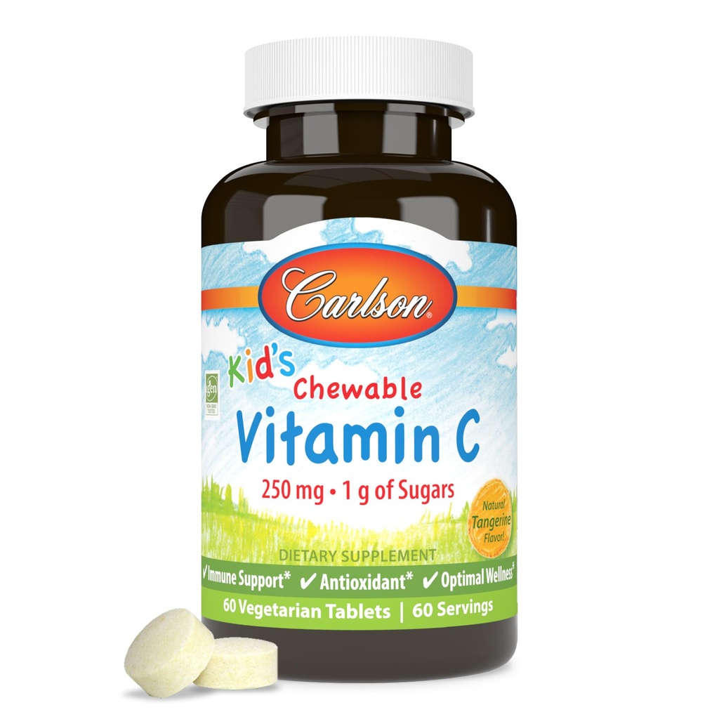 Carlson - Kid's Chewable Vitamine C, 250 mg, 1 g de sucres, le soutien immunitaire et le bien-être optimal, antioxydant, Tangerine, 60 comprimés végétariens