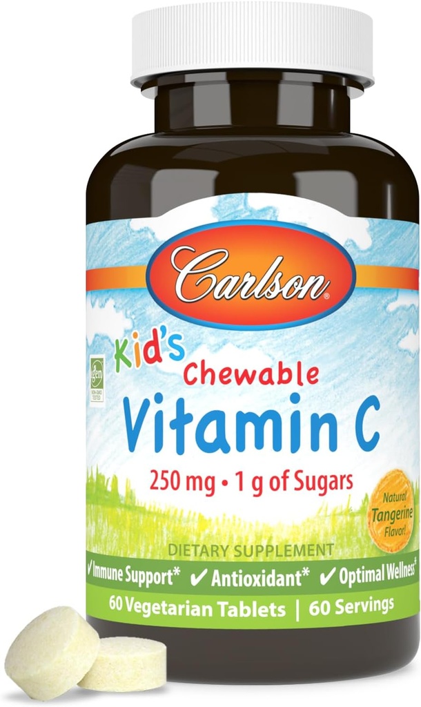 Carlson - Kid's Chewable Vitamine C, 250 mg, 1 g de sucres, le soutien immunitaire et le bien-être optimal, antioxydant, Tangerine, 60 comprimés végétariens