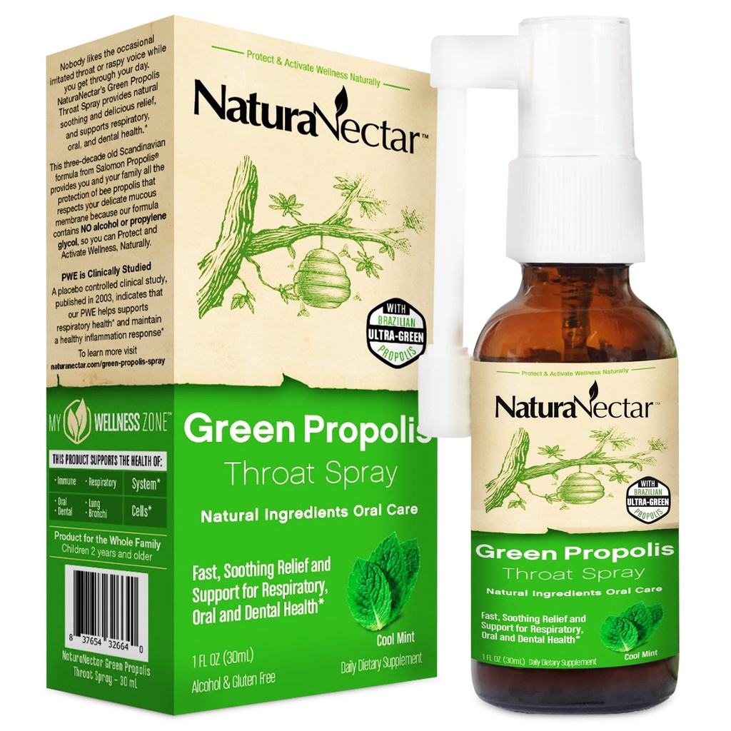 NaturaNectar - Spray de gorge verte - Soin unique et apaisant de la gorge avec propolis brésilienne de l'abeille - Formule de soins naturels et non alcoholiques de la gorge de l'apiculture durable (1-Pack, 30mL)