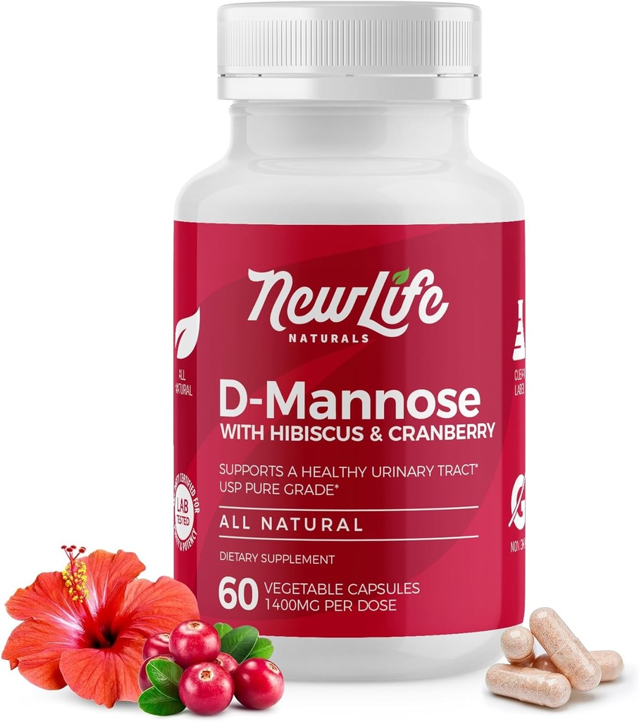 NewLife Naturals D-Mannose Capsules | w/Cranberry and Hibiscus Extracts | Natural Urinary Tract Health Supplement | 1400mg Pure Veggie Powder | 60 Veggie Capsules