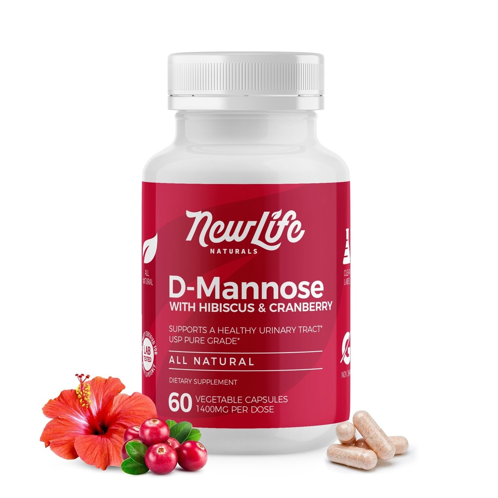 NewLife Naturals D-Mannose Capsules avec des extraits de canneberge et d'hibiscus Supplément de santé naturel du traîte urinaire de 1400mg Pure Veggie Powder
