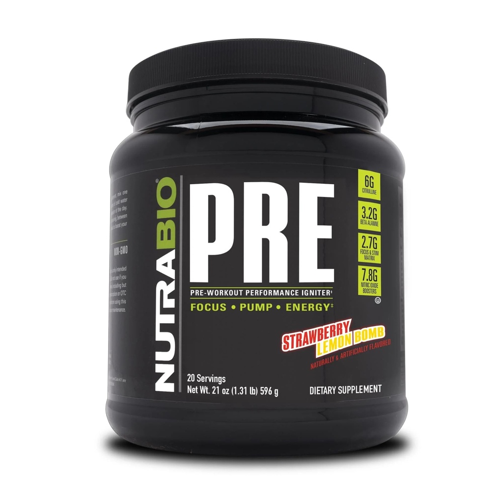 Poudre d'entraînement NutraBio PRE - Vieille Formule - Énergie durable, Focus Mental, Endurance - Beta Alanine, Créatine, Caféine, Electrolytes - 20 portions - Bombe au citron fraise
