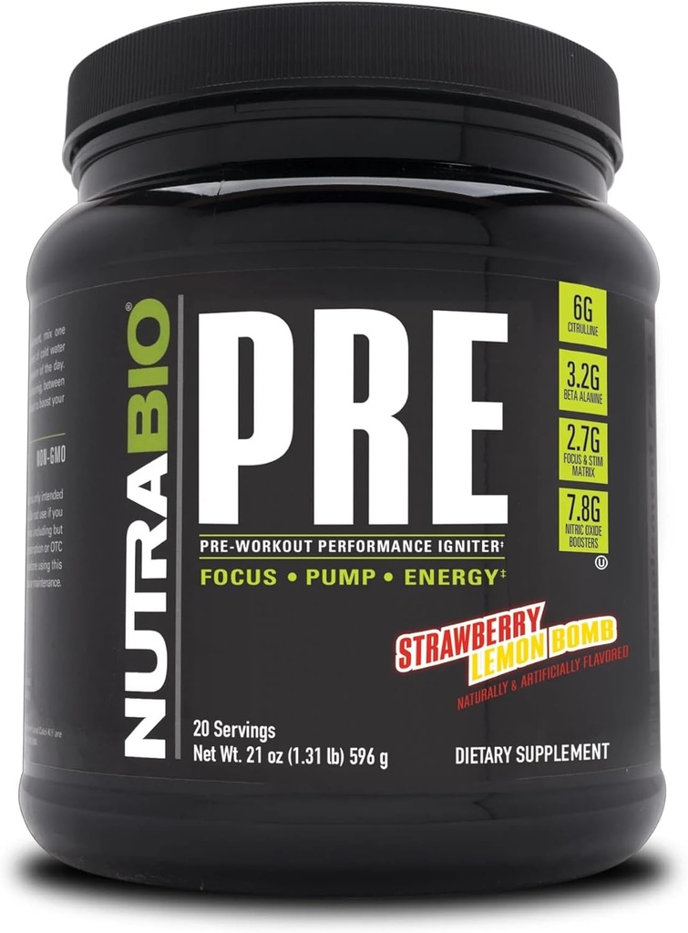 Poudre d'entraînement NutraBio PRE - Vieille Formule - Énergie durable, Focus Mental, Endurance - Beta Alanine, Créatine, Caféine, Electrolytes - 20 portions - Bombe au citron fraise