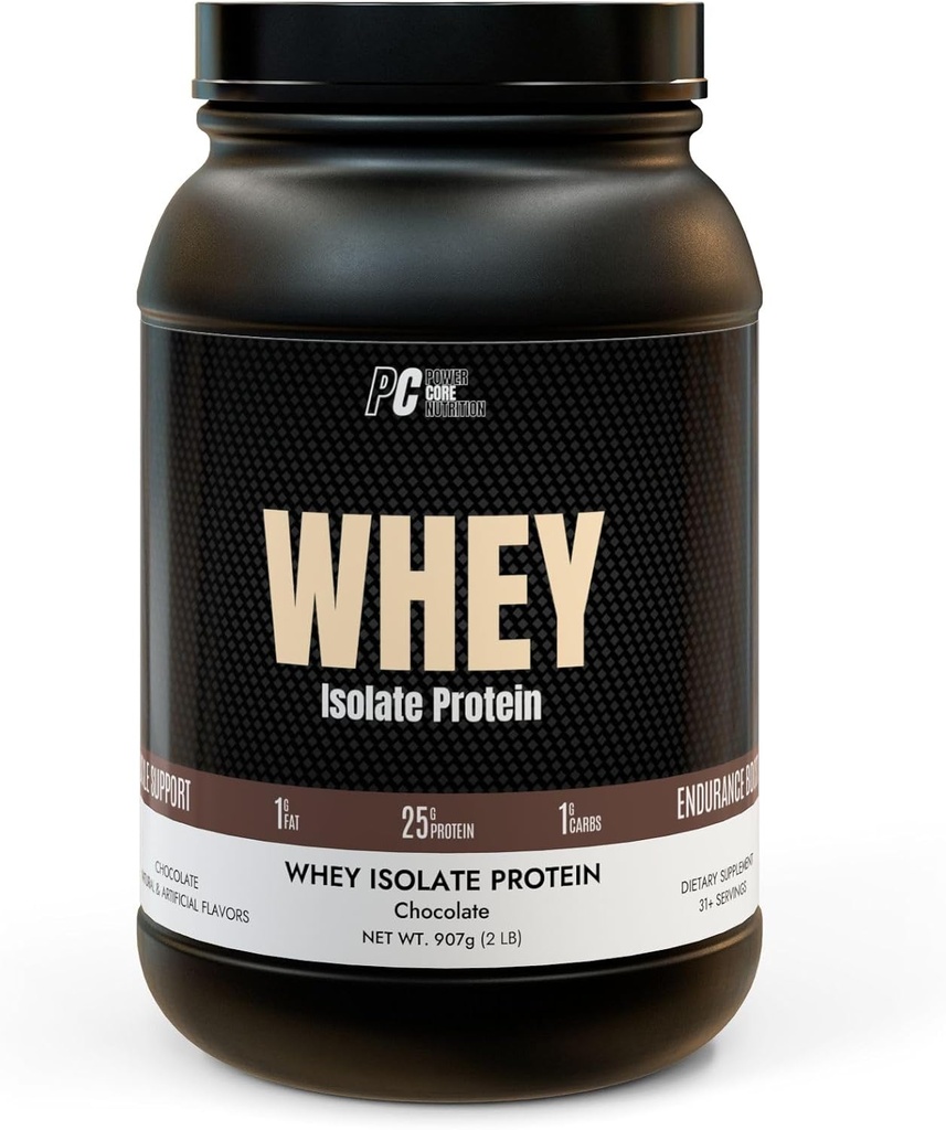 Nutrition PowerCore Protéines isolées de lactosérum - faible teneur en glucides, faible teneur en gras, mélange facilement - 25g de protéines par portion - Flaveur de chocolat, non OGM, récupération musculaire et supplément gain de maigre (2 lb)