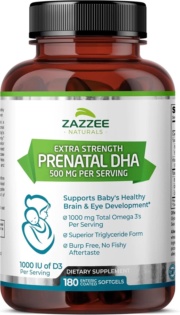 Zazzee Extra Strength Prenatal DHA 500 mg, 180 softgels enrobés entériques, 1000 mg Omega 3s, 1000 UI vitamine D3, sans Burp, sans arrière-goût de poisson, forme supérieure de triglycéride, huile de poisson de haute mer purifiée