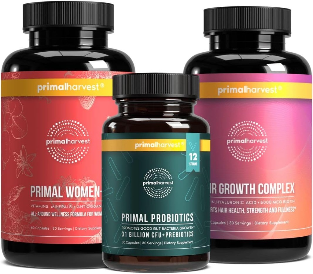 Primal Récolte des femmes – 30 jours d'approvisionnement: Femmes+ Multivitamine, soutien capillaire Primal et probiotique Primal pour la santé et la vitalité des femmes