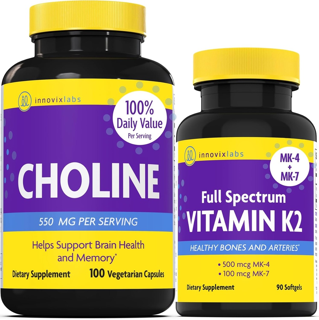 InnovixLabs Choline & Vitamine K2 Bundle Choline Bitartrate 550mg (100 Capsules) Vitamine K2 à spectre complet (90 Softgels). Soutient la mémoire, l'humeur, la santé cérébrale et le renforcement cognitif.*