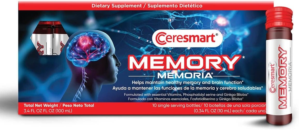 Supplément mémoire Ceresmart pour le cerveau – 10-Pack Coups de boost du cerveau – Suppléments mémoire buvables avec Ginko Biloba, Vitamines – Suppléments cerveau pour la mémoire et la focalisation, fonctions cérébrales normales