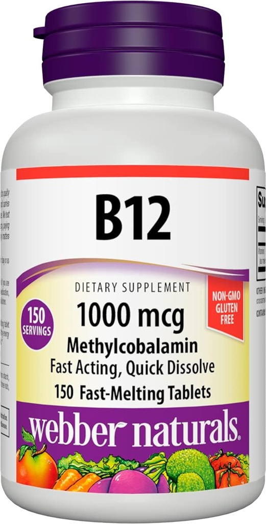 Webber Naturals Vitamine B12 1000 mcg, 150 Compte, comprimés à dissolution rapide, supplément de vitamine pour le métabolisme de l'énergie, immunitaire et la santé cardiaque, formule végétarienne, 150 jours d'approvisionnement