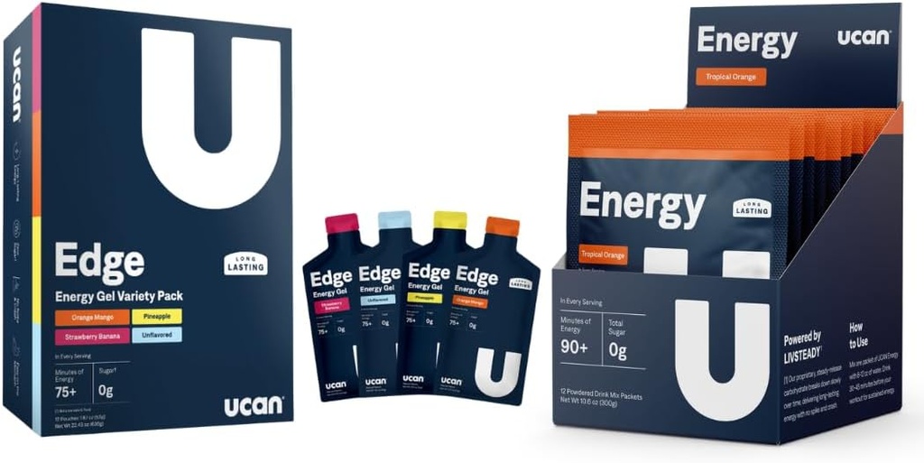 UCAN Training Starter Pack, Edge Energy Gel Variety Pack, Energy Powder Tropical Orange, avant et après l'entraînement pour les hommes et les femmes