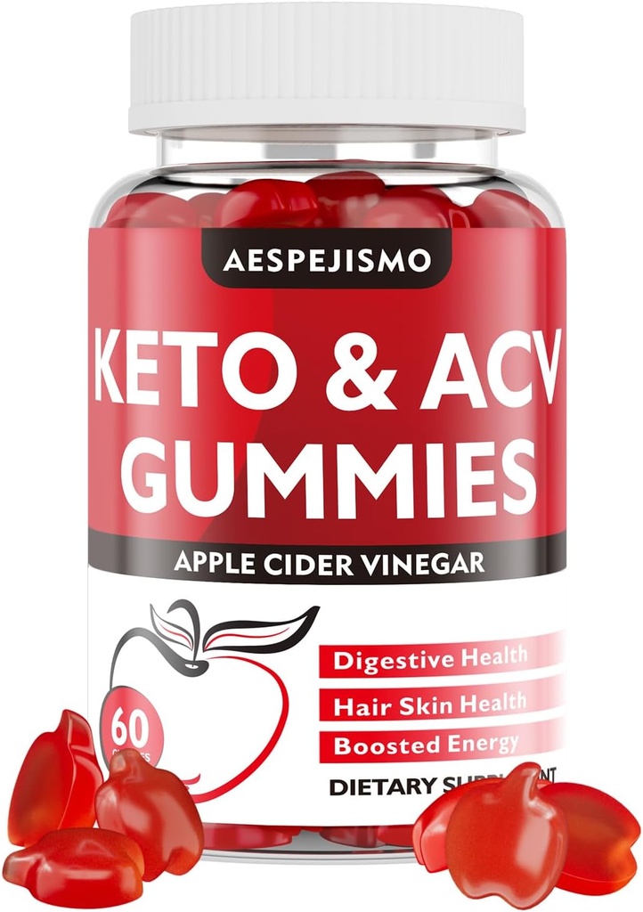 Gummies de vinaigre de cidre de pomme avec B12 pour l'énergie et le bien-être, 1500mg, soutient la kétose, pour les femmes et les hommes, végétalien, sans gluten, 60 Gummies