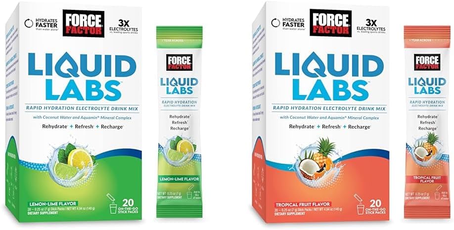 FACTEURS DE FORCE Laboratoires liquides Electrolytes Poudre, emballages d'hydratation pour faire de l'eau électrolyte avec des vitamines, des minéraux et des antioxydants. Saveur citron-Lime + Saveur de fruits tropicaux, 40 Stick Packs