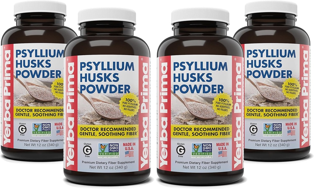 Poudre de pulvérisateurs de Psylium Prima Yerba - 12 oz (paquet de 4) - Supplément en fibre naturelle - Nettoyage des colonies - Santé des intestins - Vegan, non OGM, sans gluten (nouvelle étiquette - emballage mai vary)