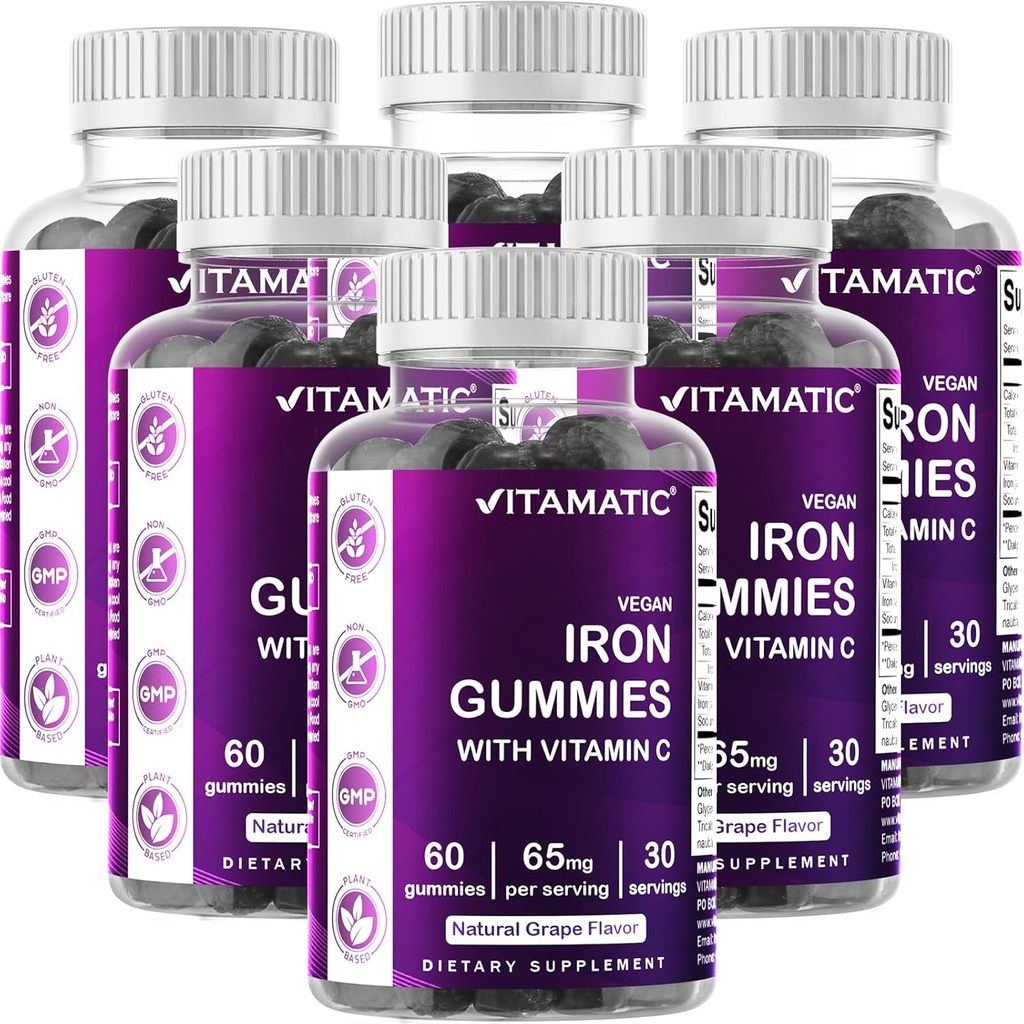 Supplément en fer vitamatique 65 mg pour les femmes et les hommes - 60 Gommies végétaliens - Grande dégustation de vitamines gommy de fer avec vitamine C (6)