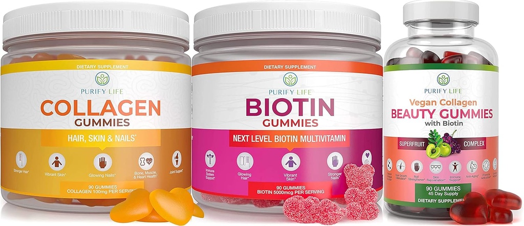 Purify Life Marine Collagen, Biotin, & Vegan Collagen Bundle, Gummies for Hair Peau and Nails (Bulk - 90 Chews), Soins articulaires Vitamine, Immune Support, Beauté, Detox & Cleanse, Remplacer Capsules, Pills