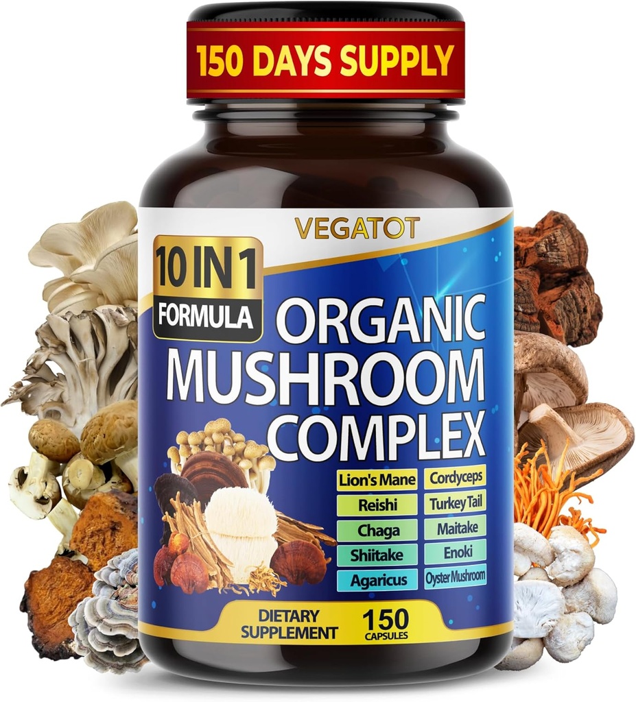 Supplément de champignons 10 en 1 à haute résistance - Lions Mane, Cordyceps, Reishi - Suppléments Cerveau pour la mémoire et le focus ** 5 mois