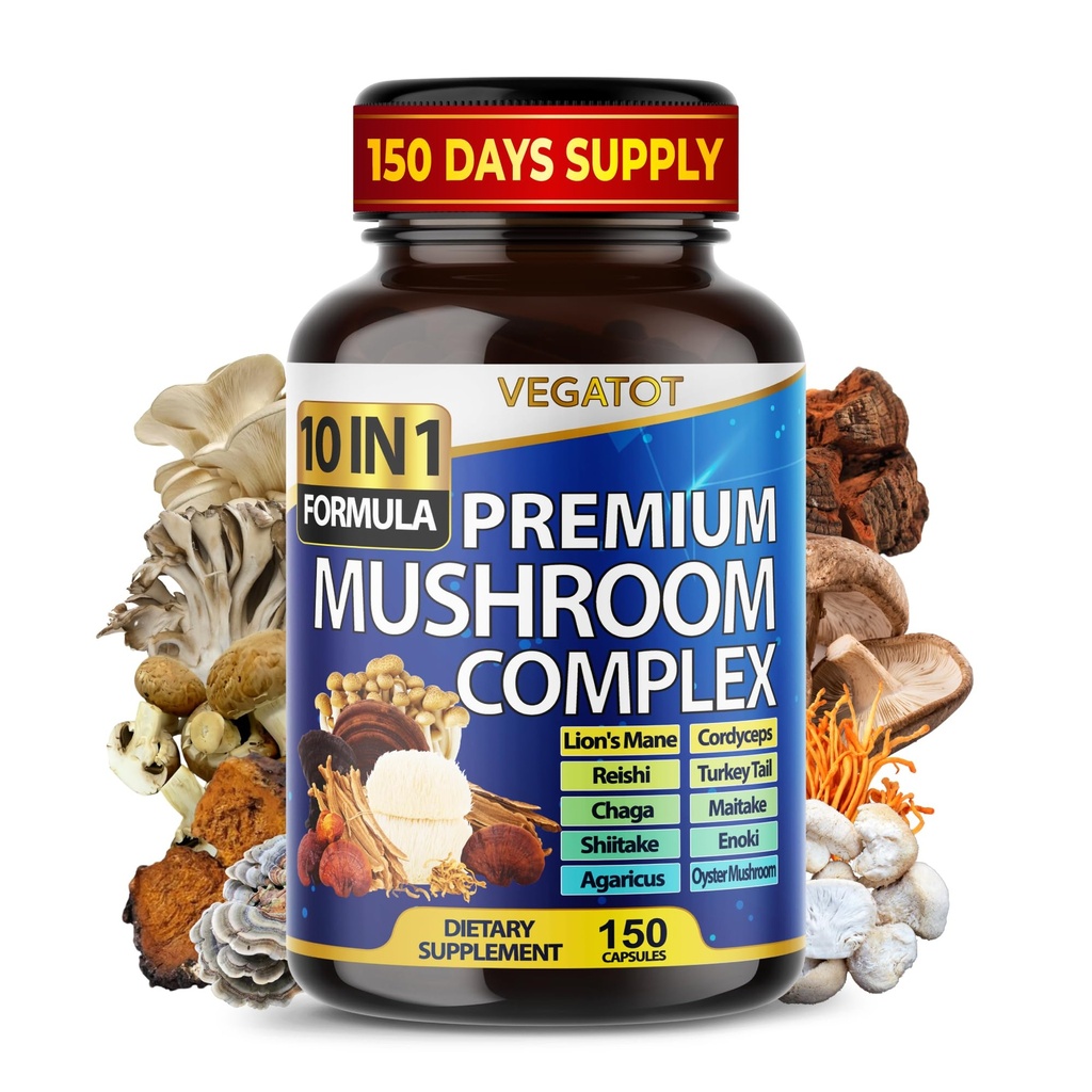 Vegatot Premium Mushroom Complex 10-in-1 with Lion's Mane, 150 Capsules