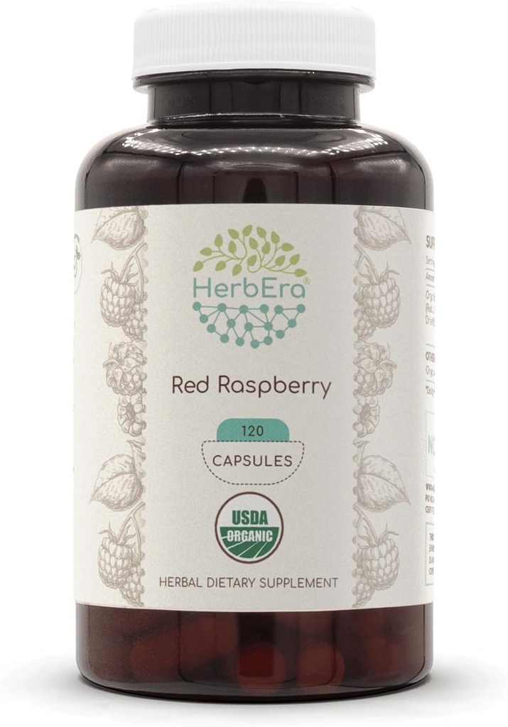HerbEra Red Raspberry USDA Organic 120 Capsules de supplément naturel à base de plantes.