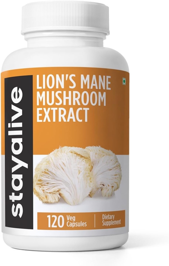 STAY ALIVE Lions Mane Supplément Capsules 1000mg, 30:1 Extrait avec/Beta Glucans, 100% Fruiting Corps, Lions purs en poudre pour hommes et femmes, 120 pilules, Supplément de champignons sans OGM et sans gluten