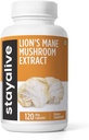 STAY ALIVE Lions Mane Supplément Capsules 1000mg, 30:1 Extrait avec/Beta Glucans, 100% Fruiting Corps, Lions purs en poudre pour hommes et femmes, 120 pilules, Supplément de champignons sans OGM et sans gluten