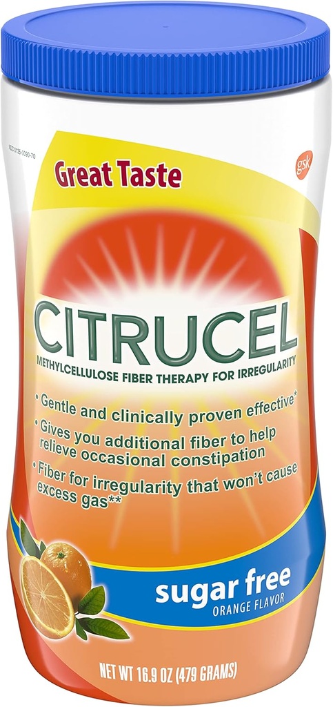 Citrucel Sans sucre Arôme orange Méthylcellulose Fibre thérapeutique poudre pour la régularité, 16,9 onces, boîte de 4