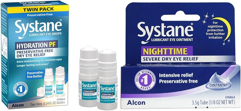 Hydratation de systane gouttes oculaires sans réserve à base de systane Sec Eye Relief Twin Pack (2x10ml) & Lubrifiant de nuit Onguent oculaire 3,5g Tube